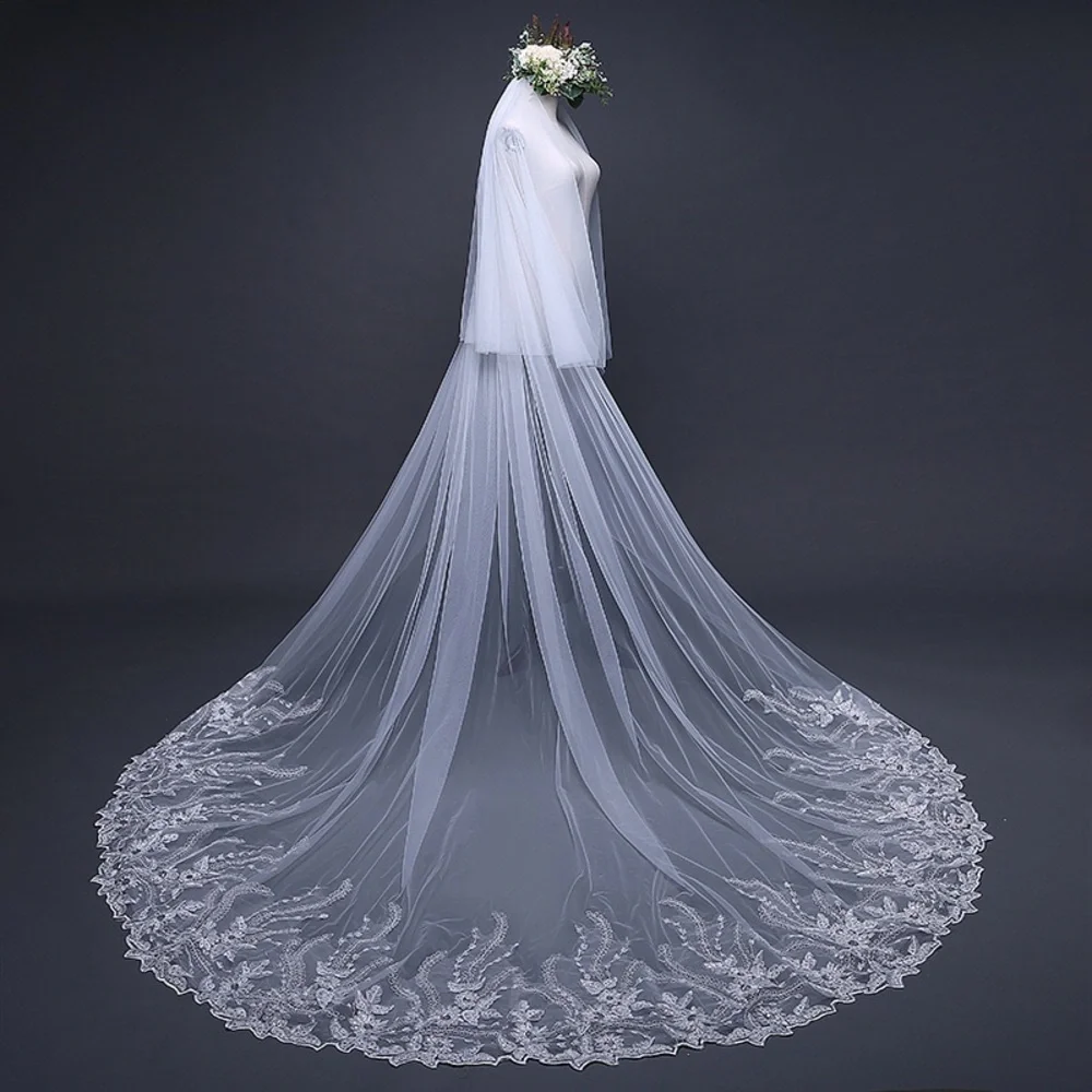 3M Cathedral Length White Bridal Veil with Lace Edge